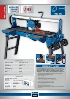 Scheppach FS3600 Tegelsnijder | Nat | 30 L | 900 W | Tafel 1290 X 400 Mm | 200 Mm [5906706901] -METABO Winkel Scheppach FS3600 5906706901 ext 2